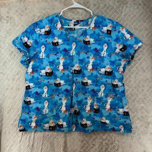 Disney Frozen Womens Large Scrub Top Blue Olaf Healthcare Work Wear Shirt